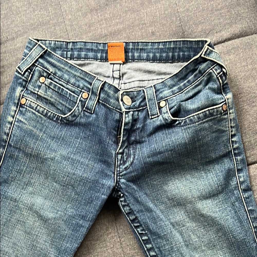 True Religion low-rise Skinny flares with Faded Wash